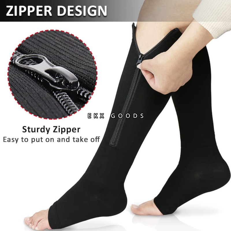 Zipper Open Toe Compression Socks 20-30mmHg Calf Leg Ankle Support Stocking