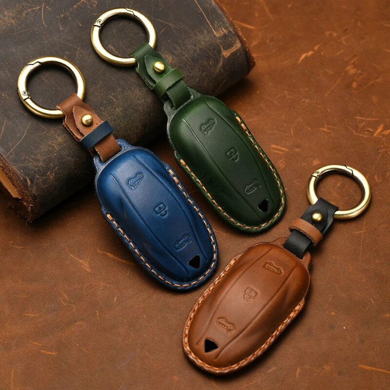 Leather Car Remote Smart Remote Key Case For Tesla Model X S Key Holder Keychain