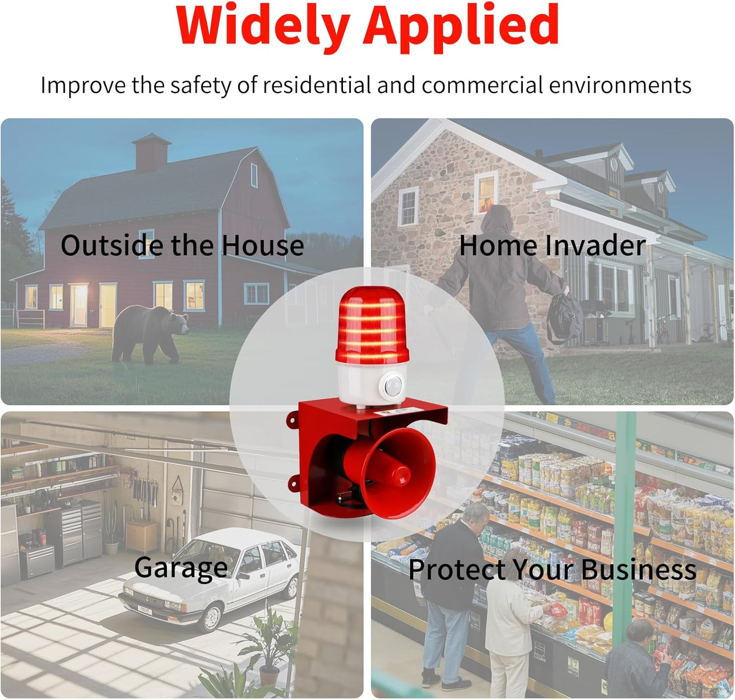 Motion Sensor Alarm with Human Detection,120Db Adjustable Siren & LED Strobe Lig