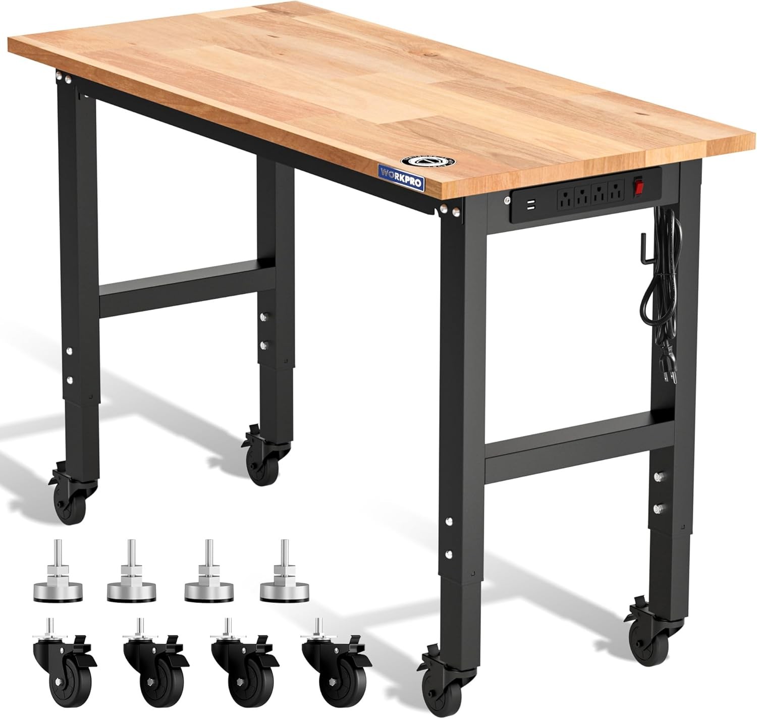 WORKPRO 48"X22" Adjustable Workbench Wheel Leveling Foot Rubber Wood Top Outlets
