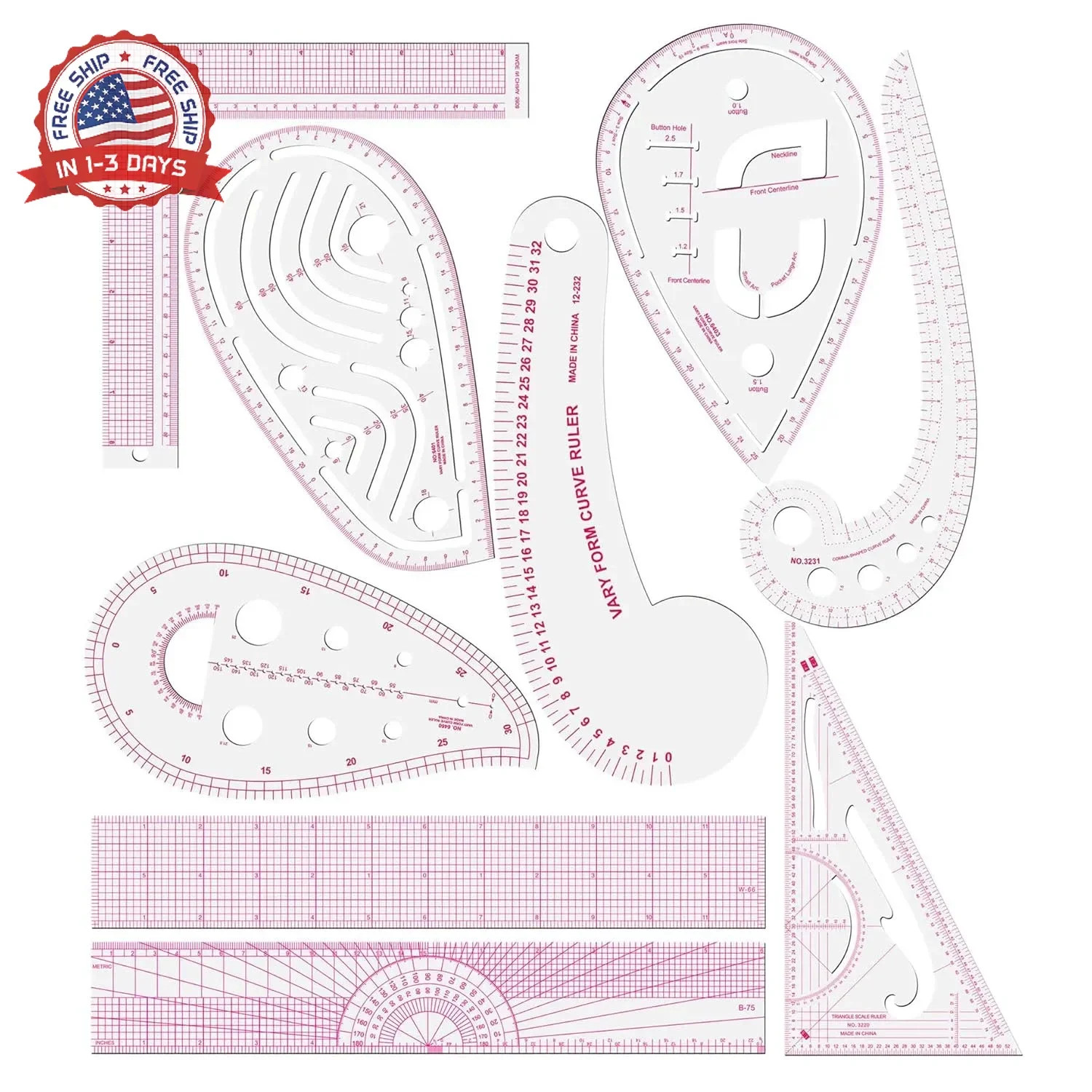 Sewing Ruler Set,Clear Metric French Curve Rulers,Professional Sewing Quilting T