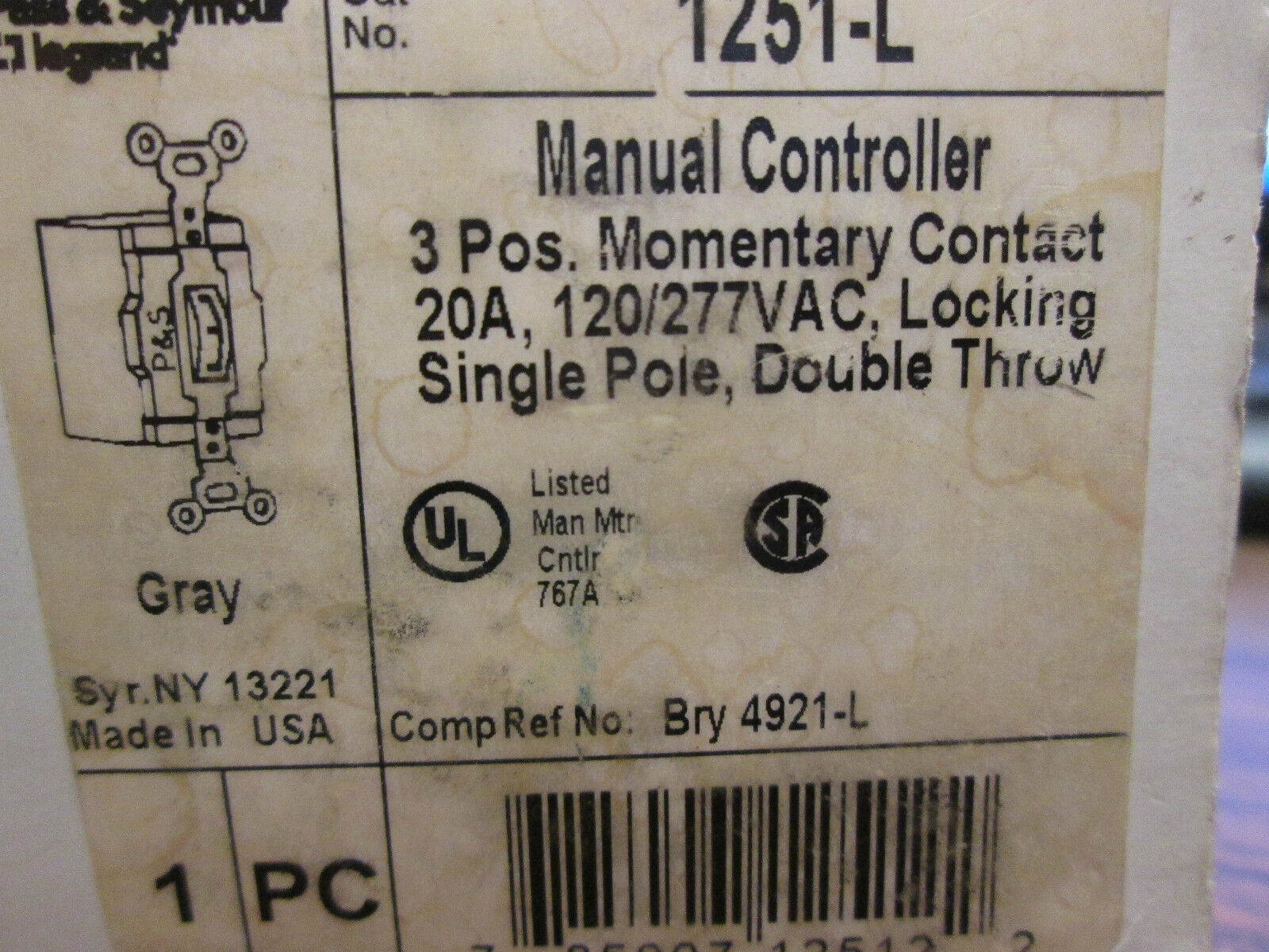 Legrand Manual Controller 1251-L 20A 120/277V Double Throw New Surplus