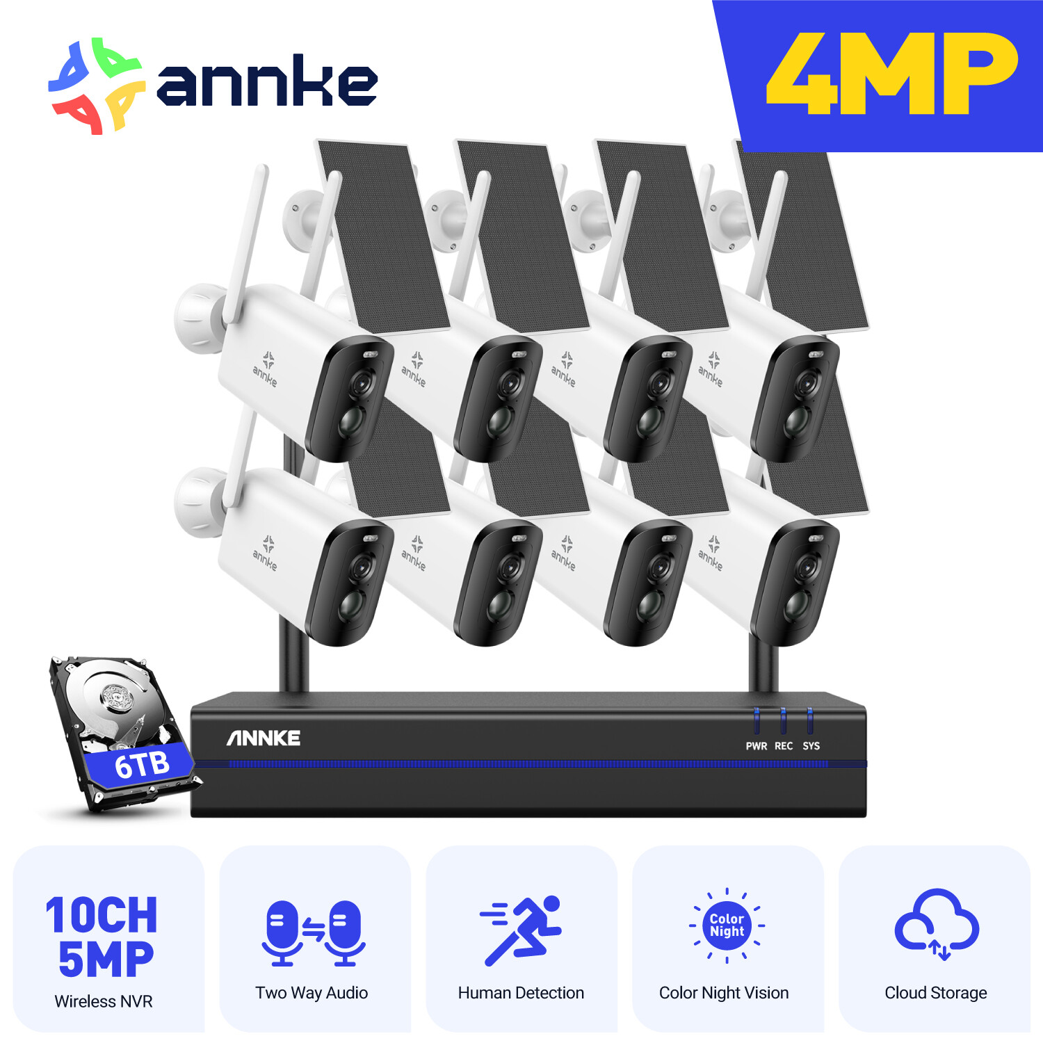 ANNKE 8CH 4MP Wireless Security Camera System Solar Battery Powered 2 Way Audio