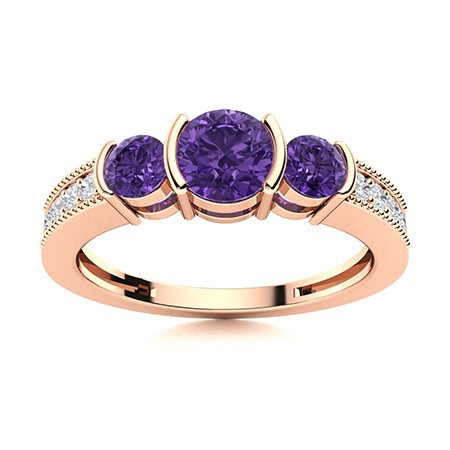 5mm Round Amethyst Three Stone Ring 925 Silver Rose Plated Vintage Milgrain Band
