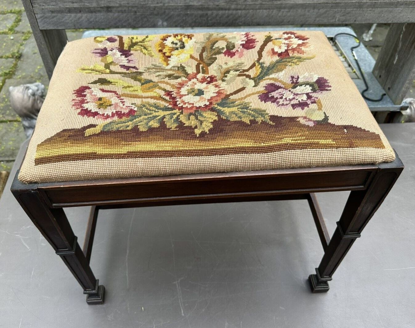Vintage Antique Walnut Vanity Footstool with Needlepoint Seat