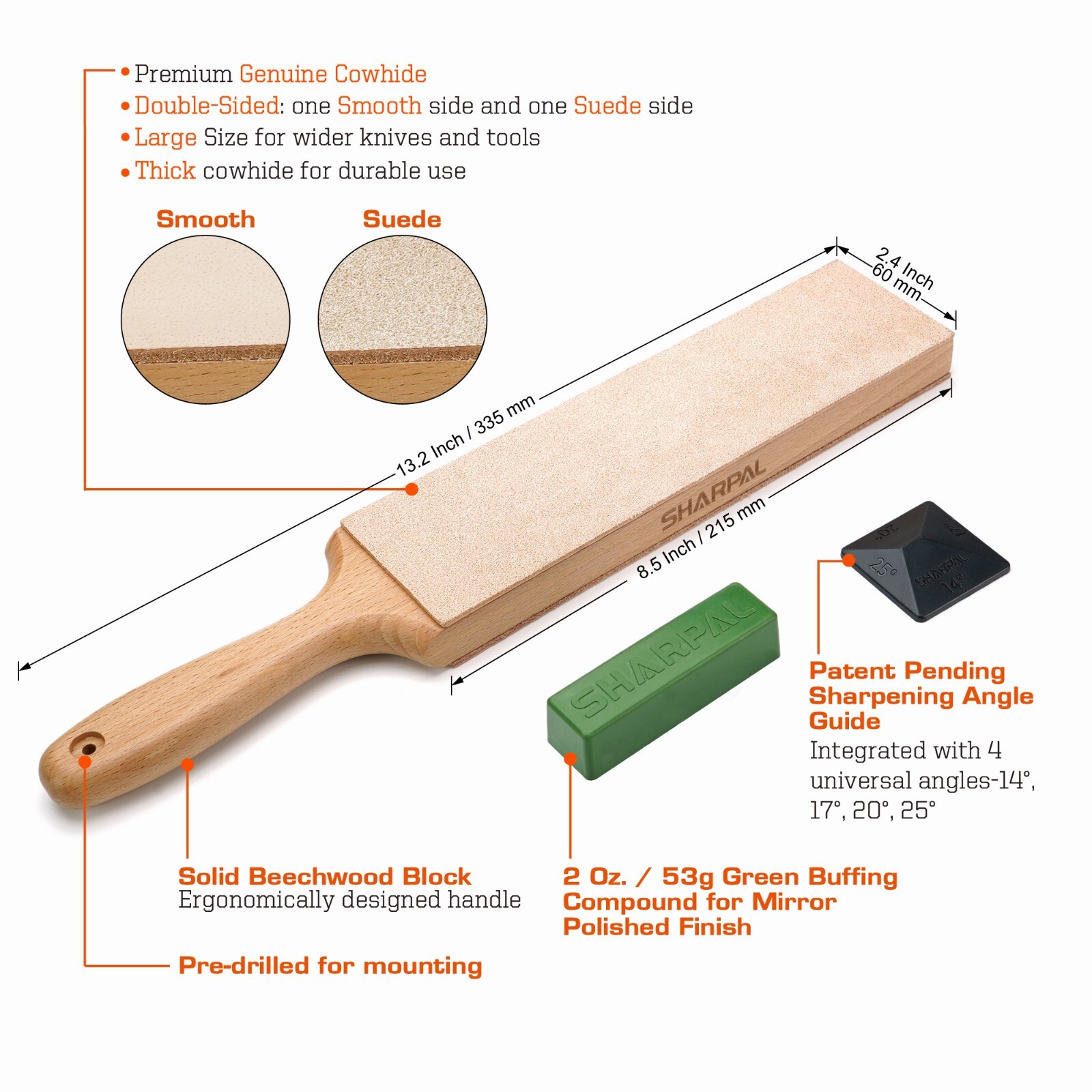 Large Leather Strop (Genuine Cowhide) with 2 Oz. Polishing Compound&Angle Guide