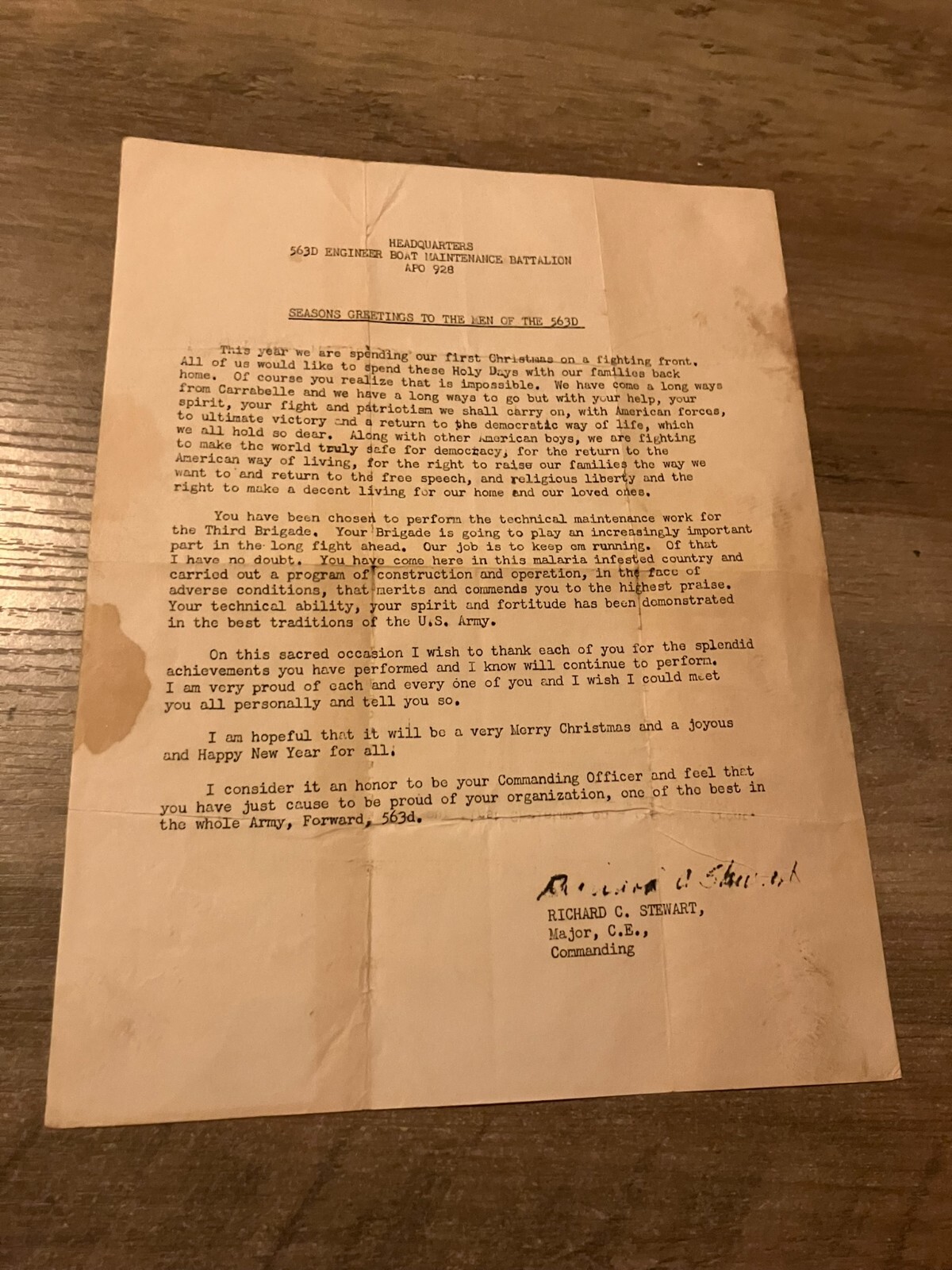 WWII 563D Engineer Boar Maintenance Battalion Letter to Troops