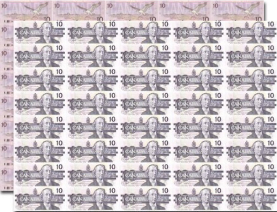 $10 Canadian Bill Uncut Sheet RARE - Prefix BEH  Perfect Condition