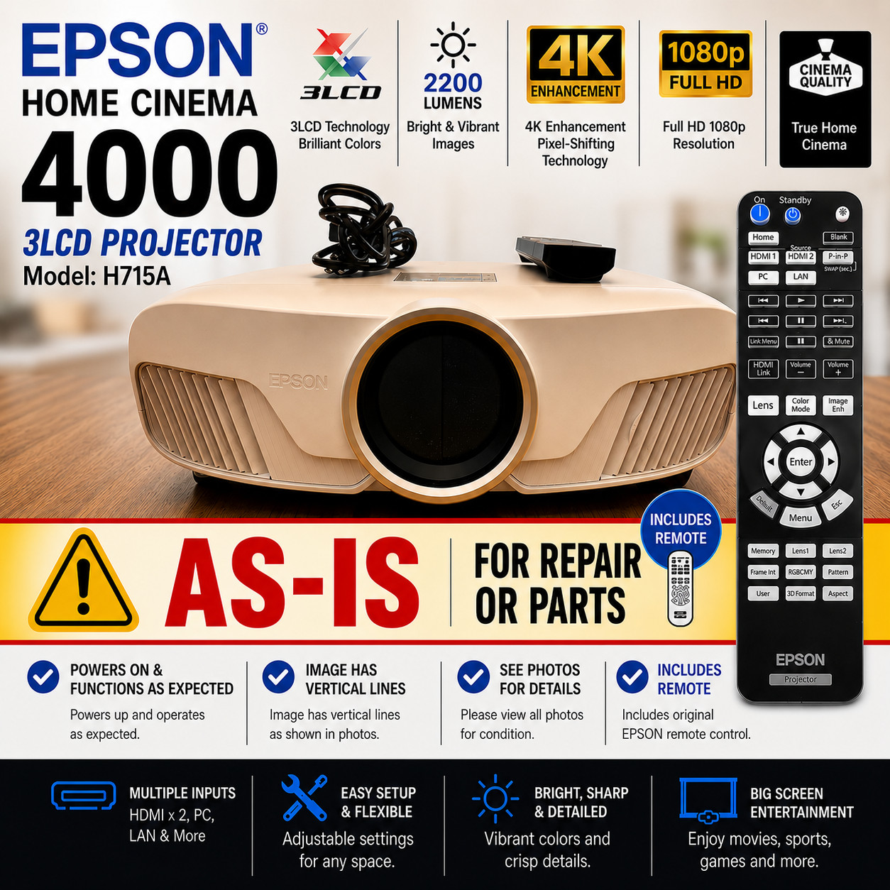 Epson Home Cinema 4000 3LCD 4K Projector Powers On Vertical Lines AS-IS