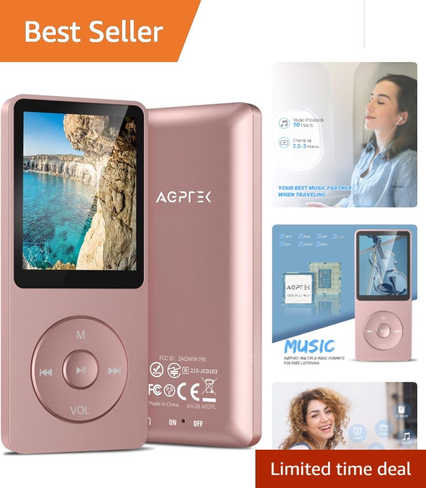 Lightweight 64GB MP3 Player with 70 Hours Battery Life, Stylish Rose Gold Finish
