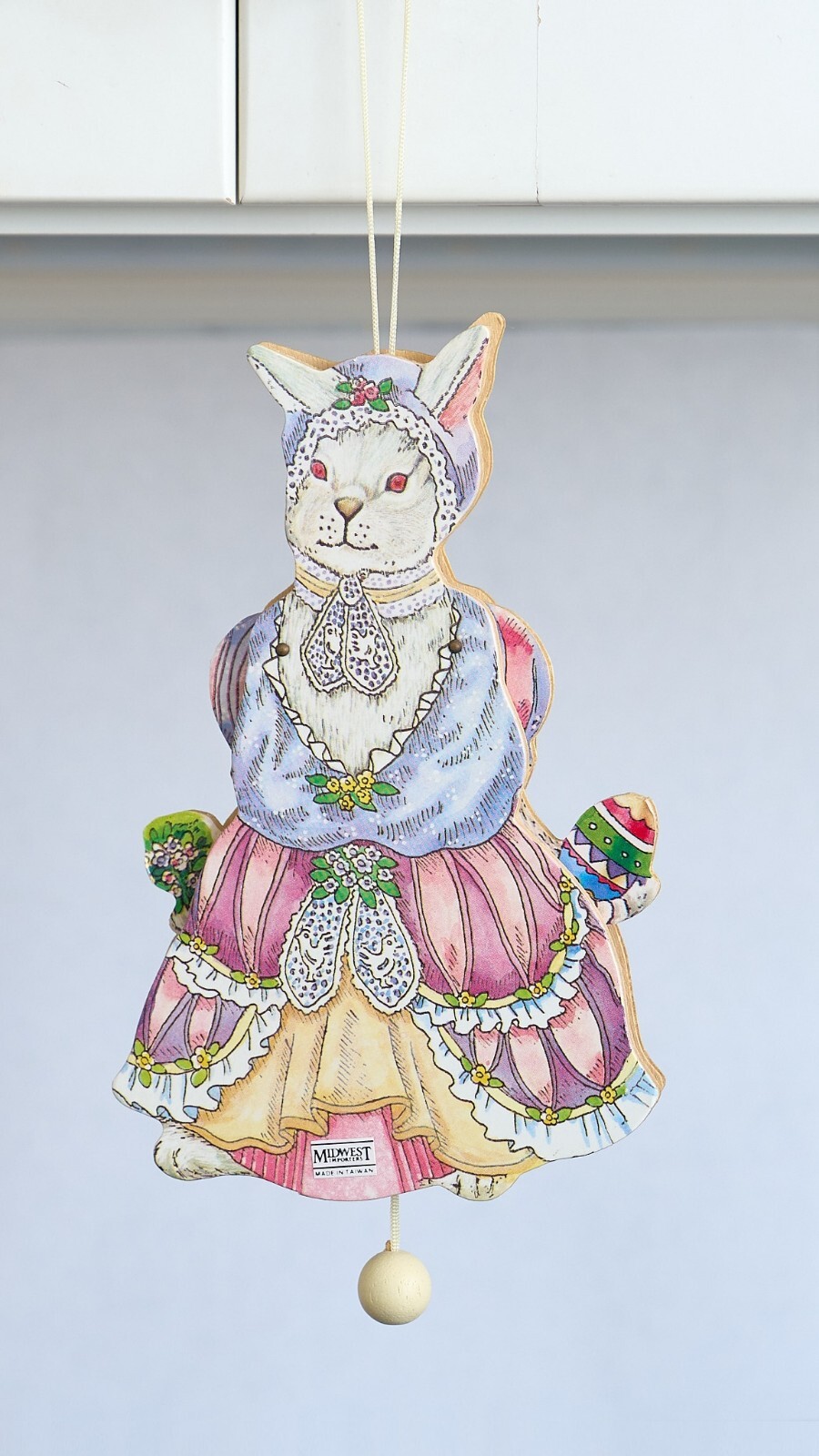 2 EASTER BUNNY Lady Gent Pull String Wooden Ornament 2 Sided Toy Midwest Imports