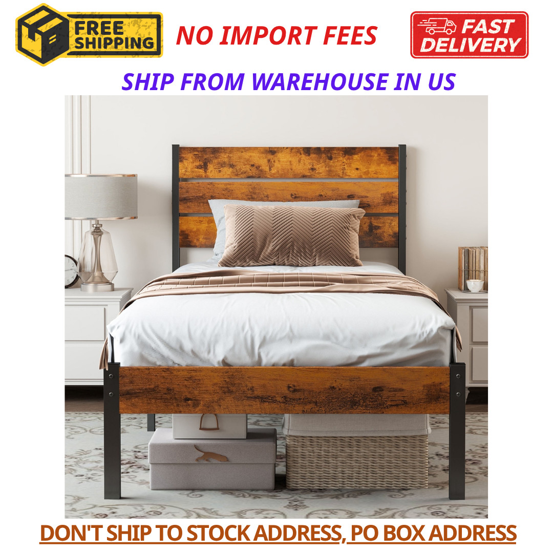 JHK Twin Size Sturdy Metal Platform Bed Frame with Wood Headboard and Footboard