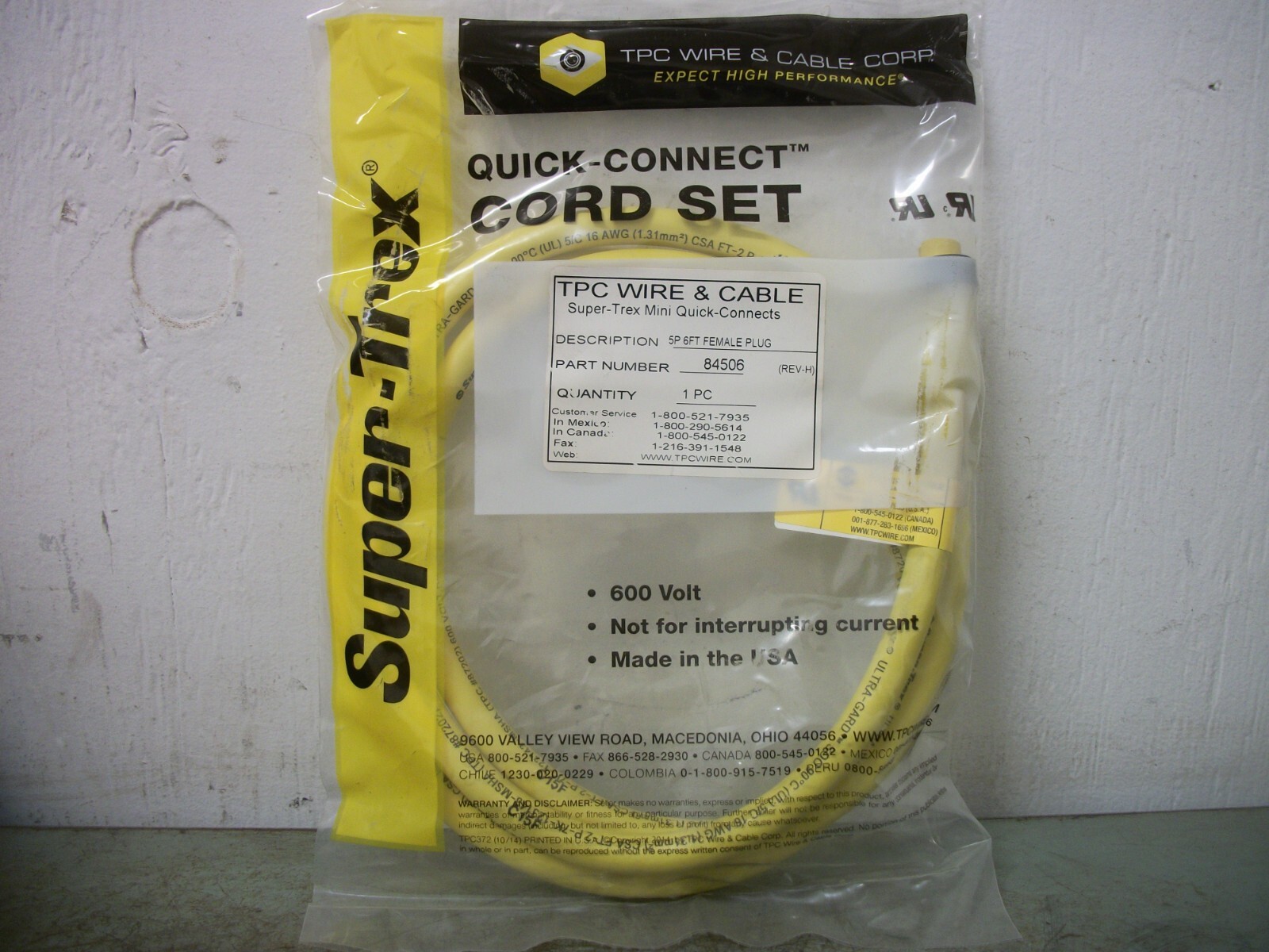 SUPER-TREX MINI QUICK-CONNECTS 6FT 5P FEMALE TPC WIRE & CABLE 84506 600VOLT NEW