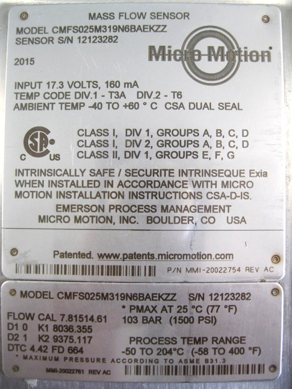 #8 VCO Micro Motion CMFS025 Sensor 800 Enhanced Core Processor CALIBRATED P18D