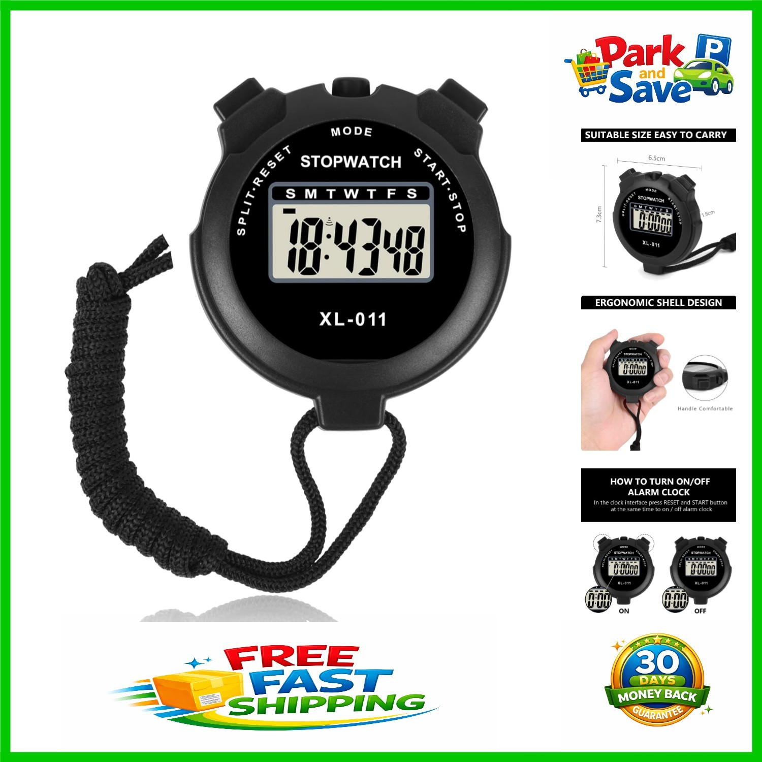 Compact Black Digital Stopwatch with Alarm and Multi-Function Timer for Sports