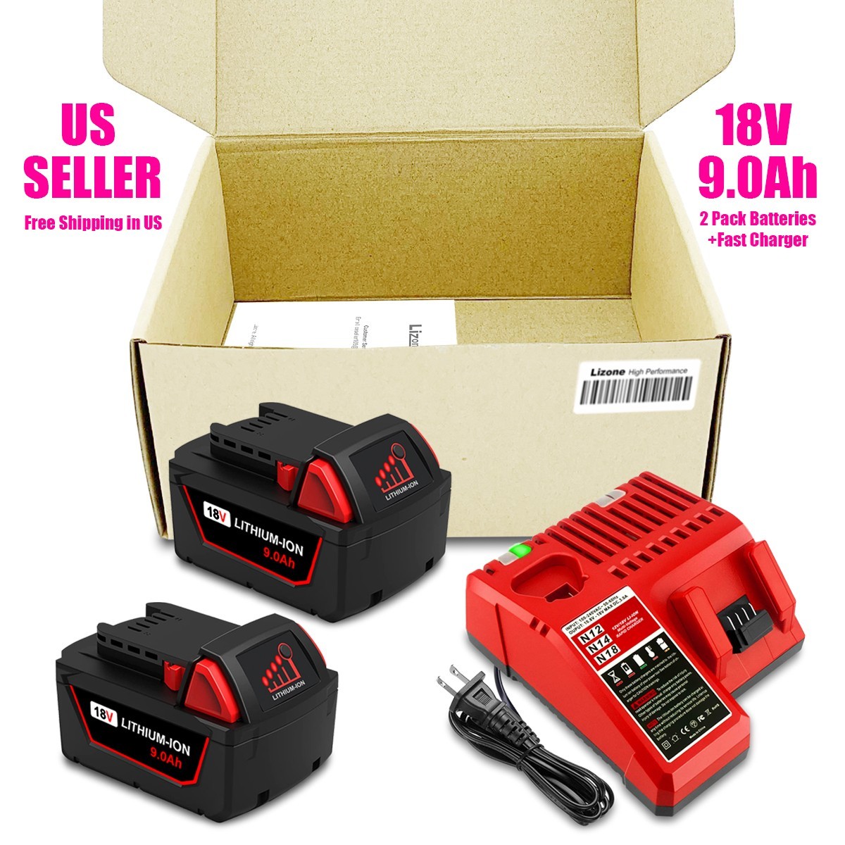 2 Pack 18V 9.0Ah Battery and Charger For Milwaukee 18V M18 Lithium XC Battery