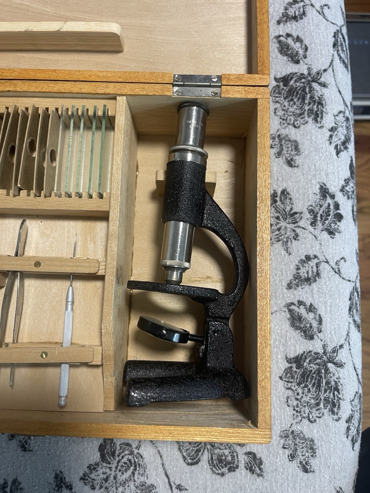 Vintage Microscope Kit w/ Slides Tools Wooden Box Complete As-Is