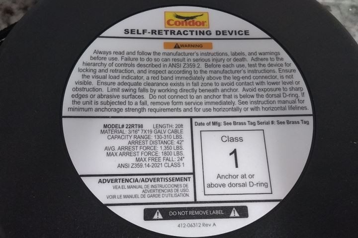 Condor 22RT98 20 Ft L 310 Lb Weight Cap Self-Retracting Lifeline