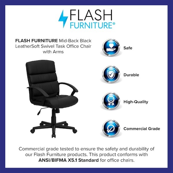 Flash Furniture Go-1004-Bk-Lea-Gg Leather Task Chair, 17-1/2" To 21-1/2", Black