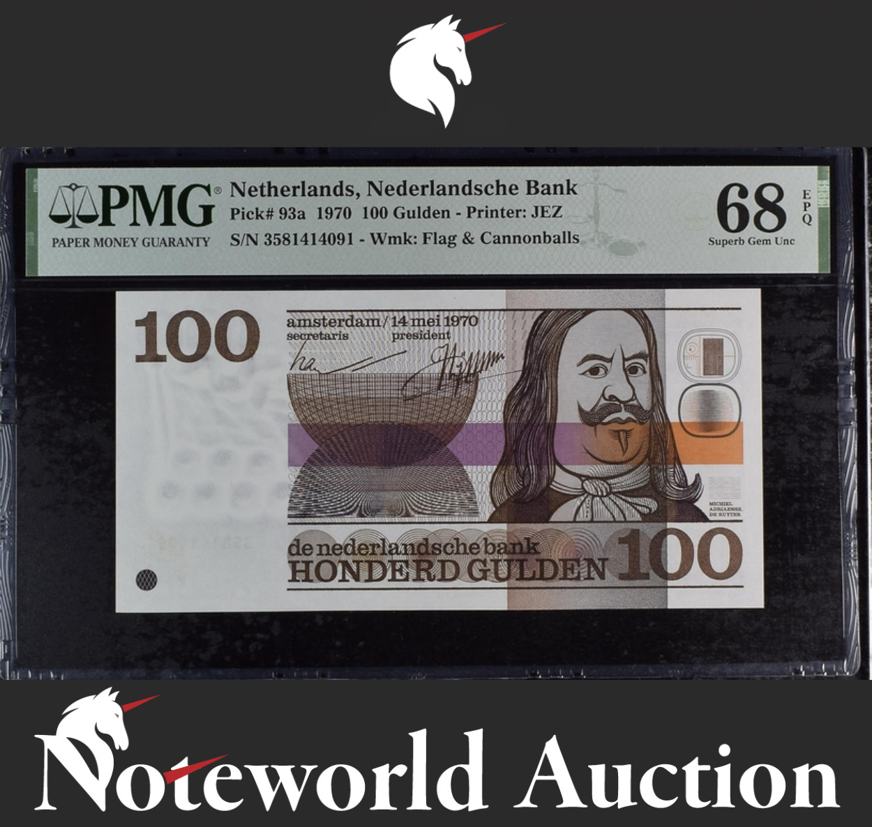 Netherlands Nederlandsche Bank 100 Gulden 1970 P 93a UNC PMG 68 EPQ 2nd TOP POP