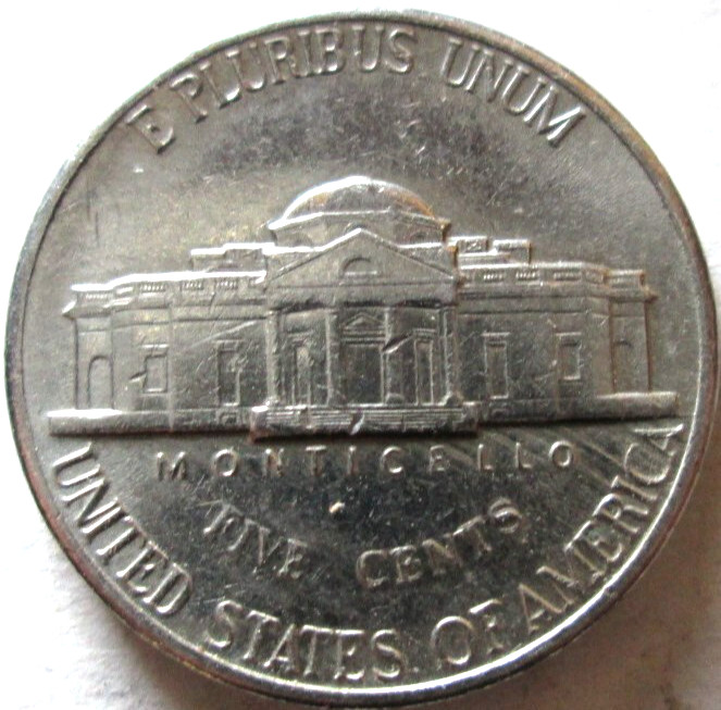 1994-P JEFFERSON NICKEL, FEED FINGER DIE SCRAPE ERROR, AU CONDITION, CIRCULATED