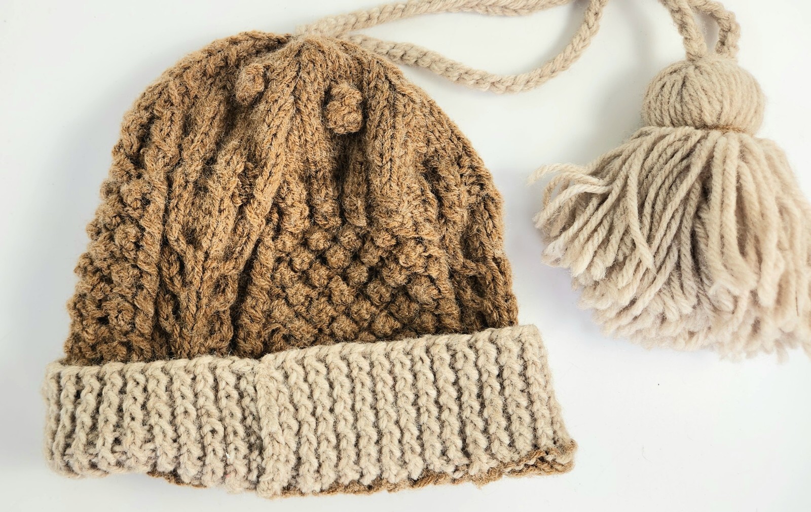 Vintage- Winter Hat - Handmade - Brown & Beige - Knitted
