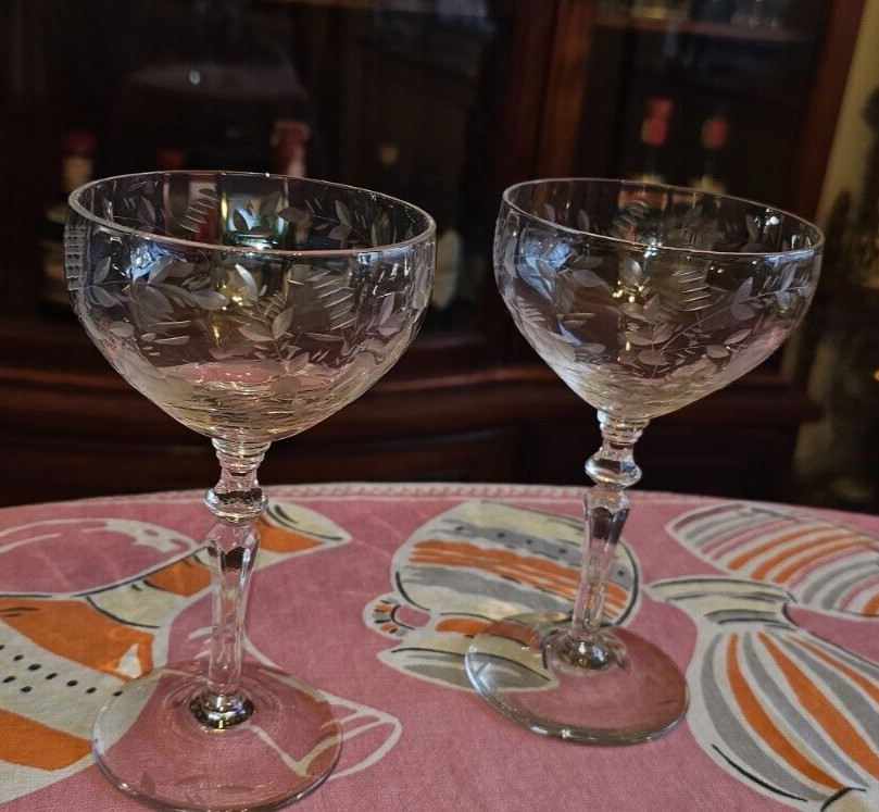 Vintage Rocke Sharpe Cocktail Coupe Glass Stem Pair Etched Bowl and Base 5⅞"