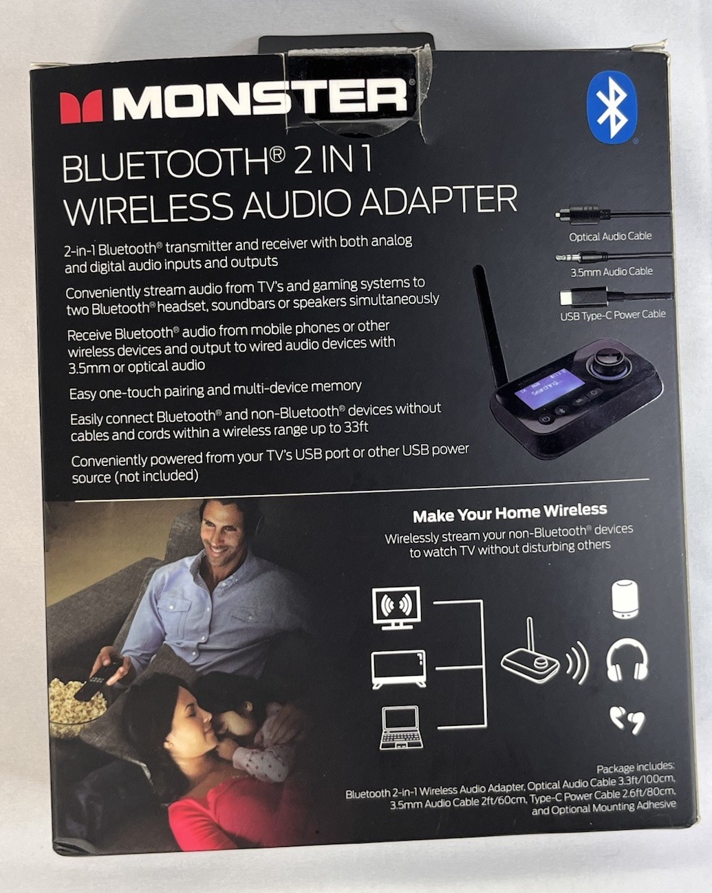 Monster Bluetooth 2 In 1 Wireless Audio Adapter - Black New Open Box