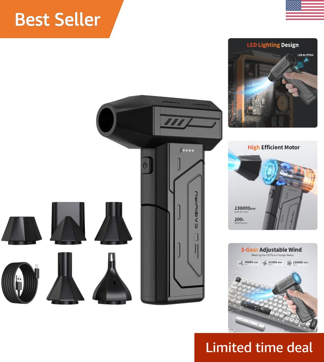 Lightweight Handheld Air Duster with Turbo Fan & Multiple Nozzles for Home & Car