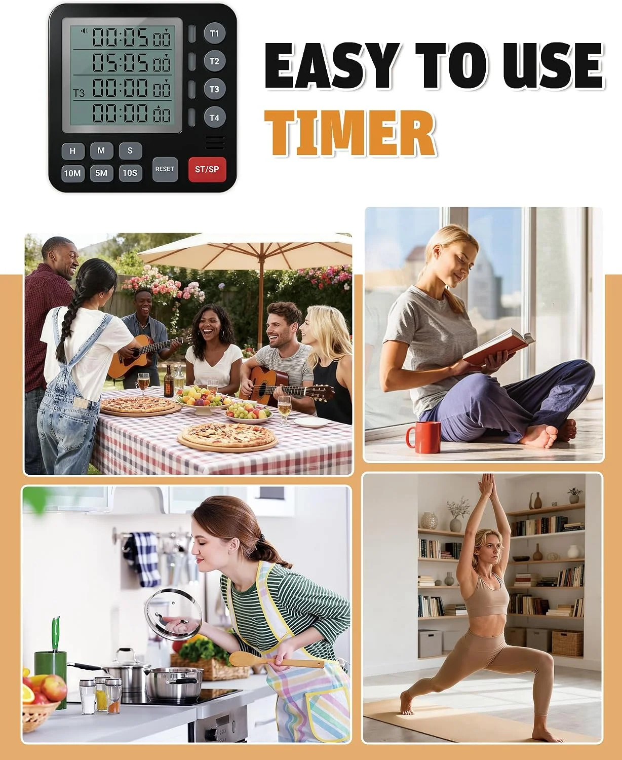 TPNEG Digital Kitchen Timer - 4-Channel Cooking Timer with Alarm, Magnetic Back,