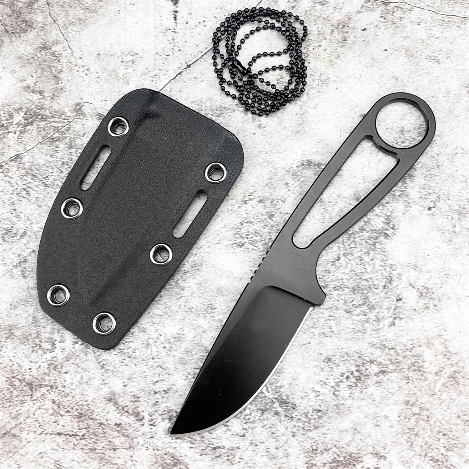 EDC Fixed Blade Knife, Cord to Hang around Neck, with Kydex Sheath Full Tang, Mu