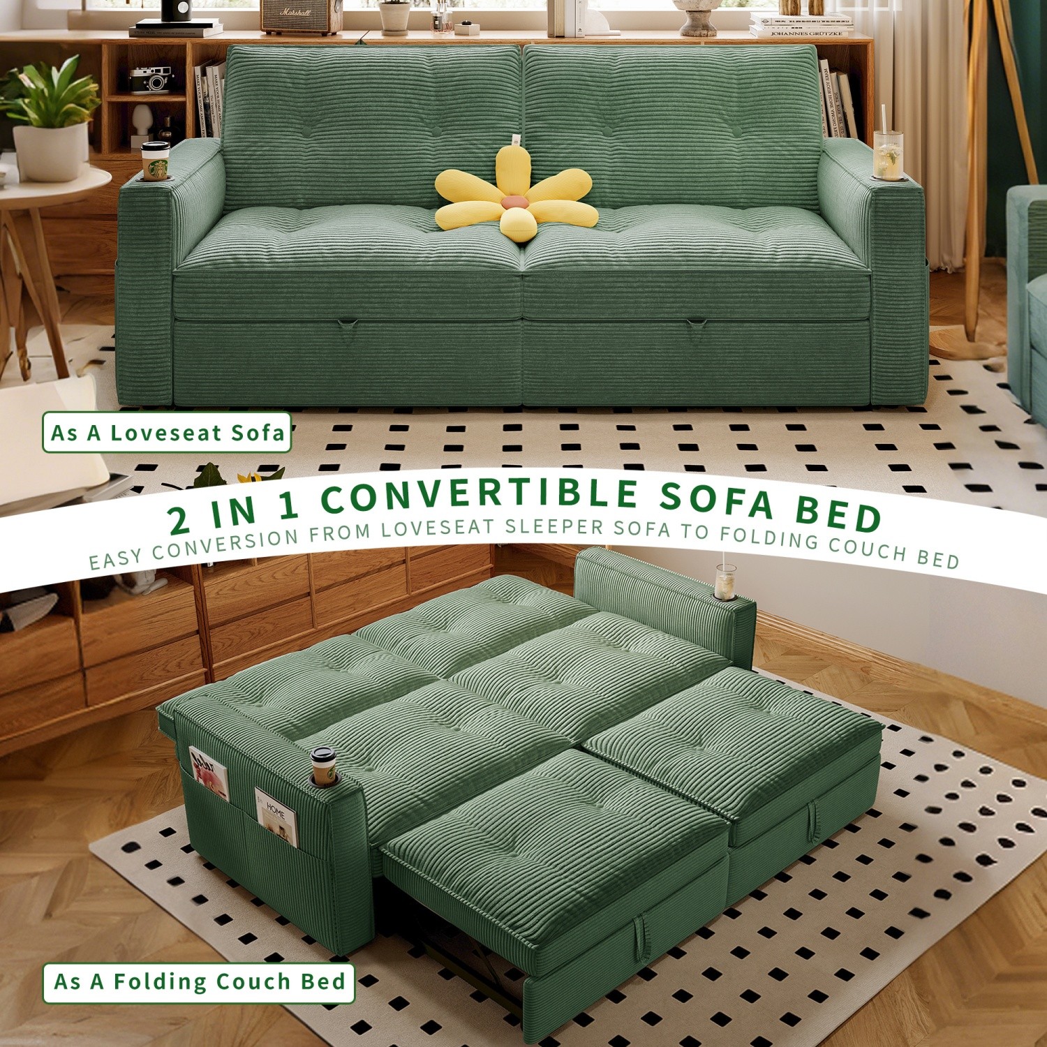 Modern Reclining Loveseat 2in1 Folding Sofa Bed w/ Cup Holders for Small Space