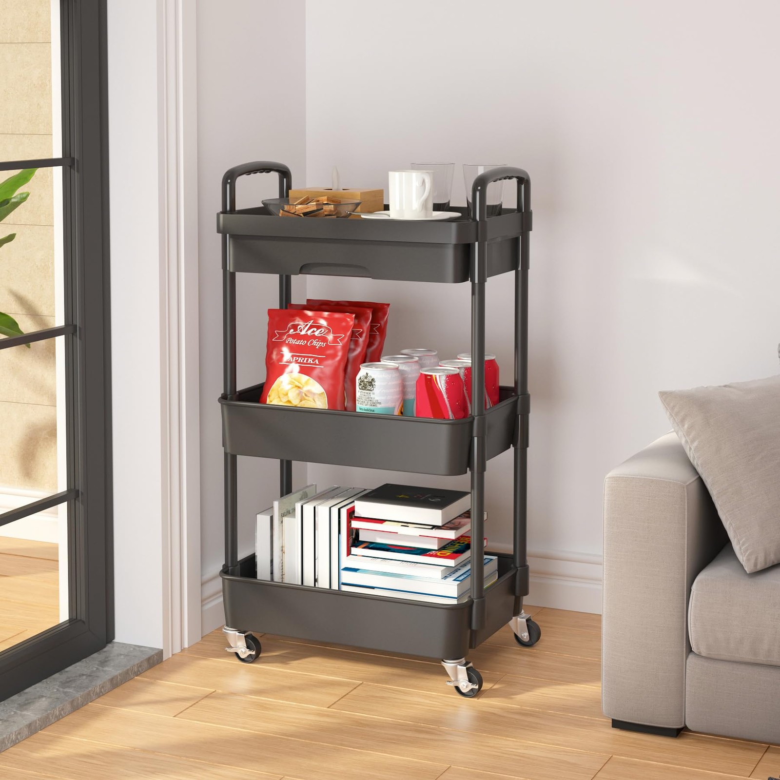 3-Tier Rolling Utility Cart with Drawer,Multifunctional Storage Organizer wit...