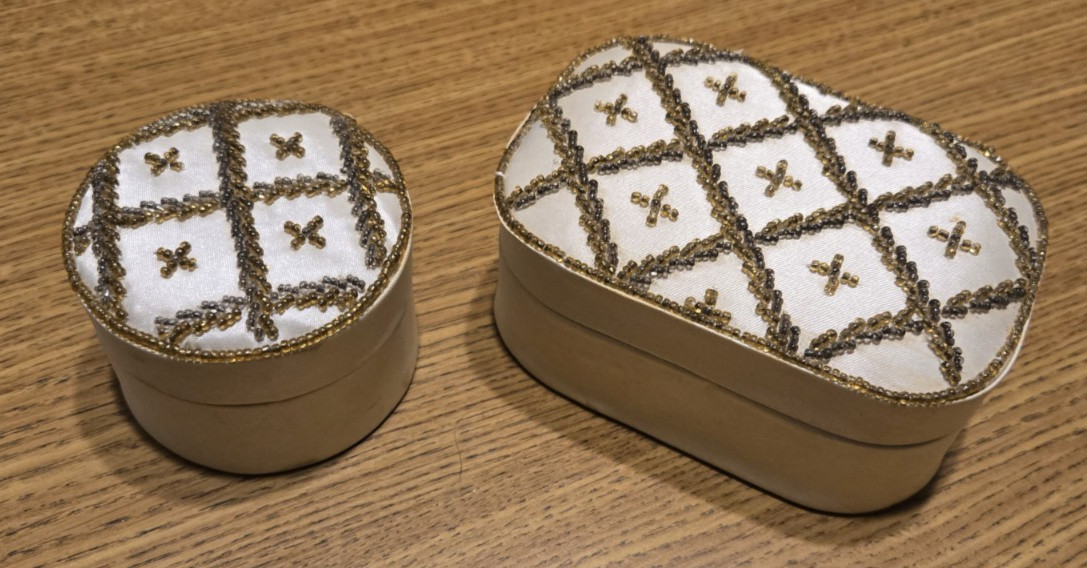 VINTAGE FABRIC TRINKET BOXES CREAM WITH GOLD BEADWORK  ROUND AND RECTANGLE SET