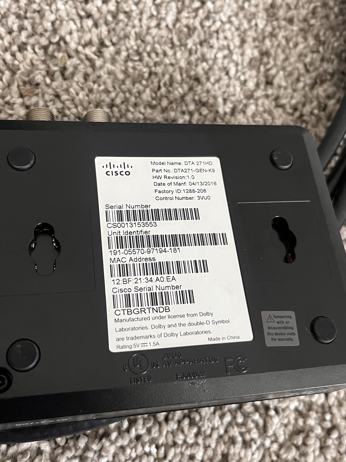 Cisco DTA 271HD Cable Box w/ Power Adapter & Coax Cable