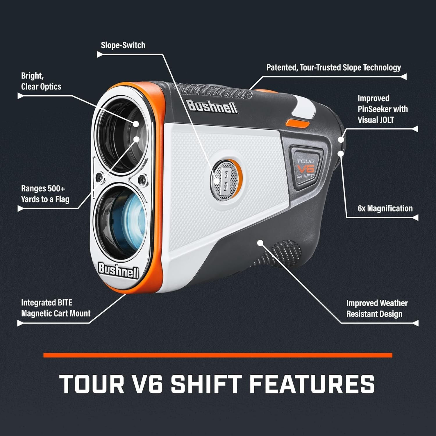 Golf Tour V6 Shift Laser Rangefinder with Slope Compensation, 1300-Yard Range