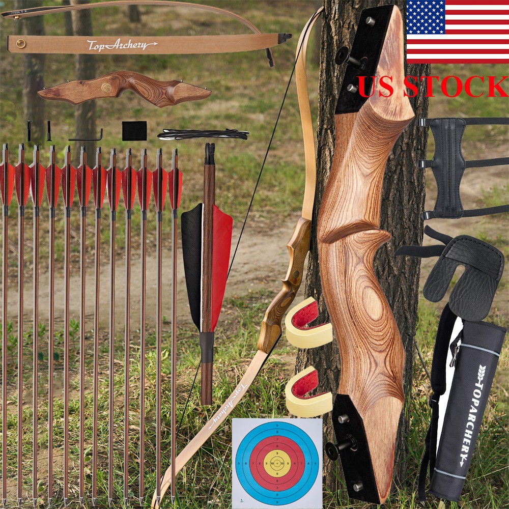 60'' 30-50lbs Archery Takedown Recurve Bow RH Carbon Arrows Set Target Hunting
