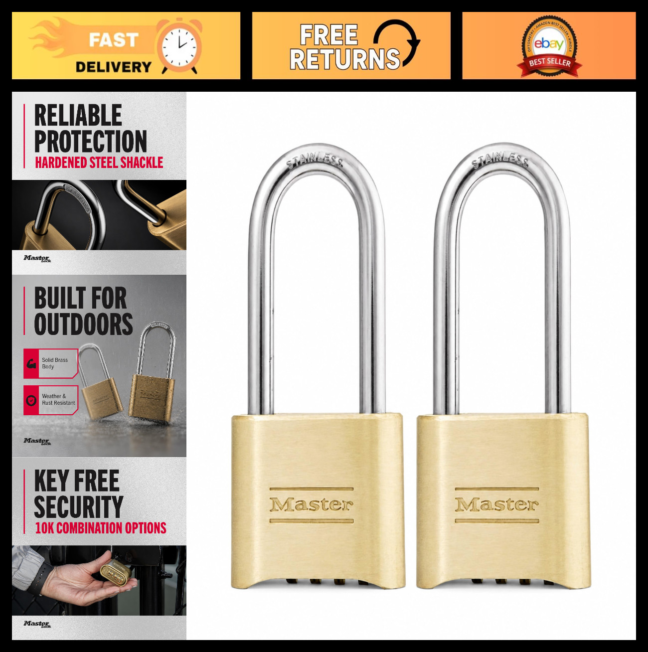 Brass Combination Padlock Set - Outdoor Gate Lock for Fence & Shed, 2-Pack, 2.25