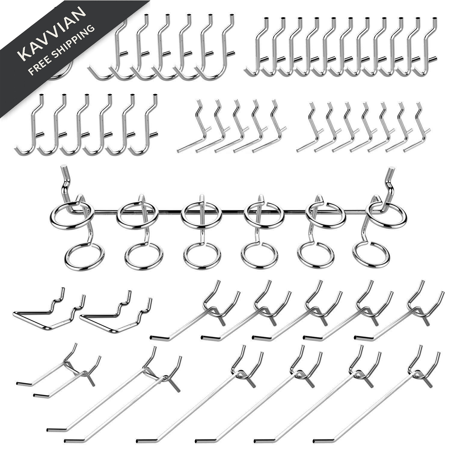 Hiltex 53106 Pegboard Hook Assortment Set, 50 Piece 50 Hooks, Silver