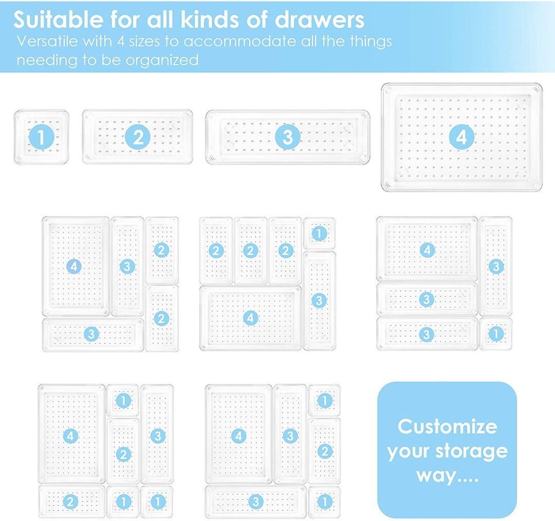 25 PCS Clear Plastic Drawer Organizers Set 4-Size Versatile Bathroom and Vanity