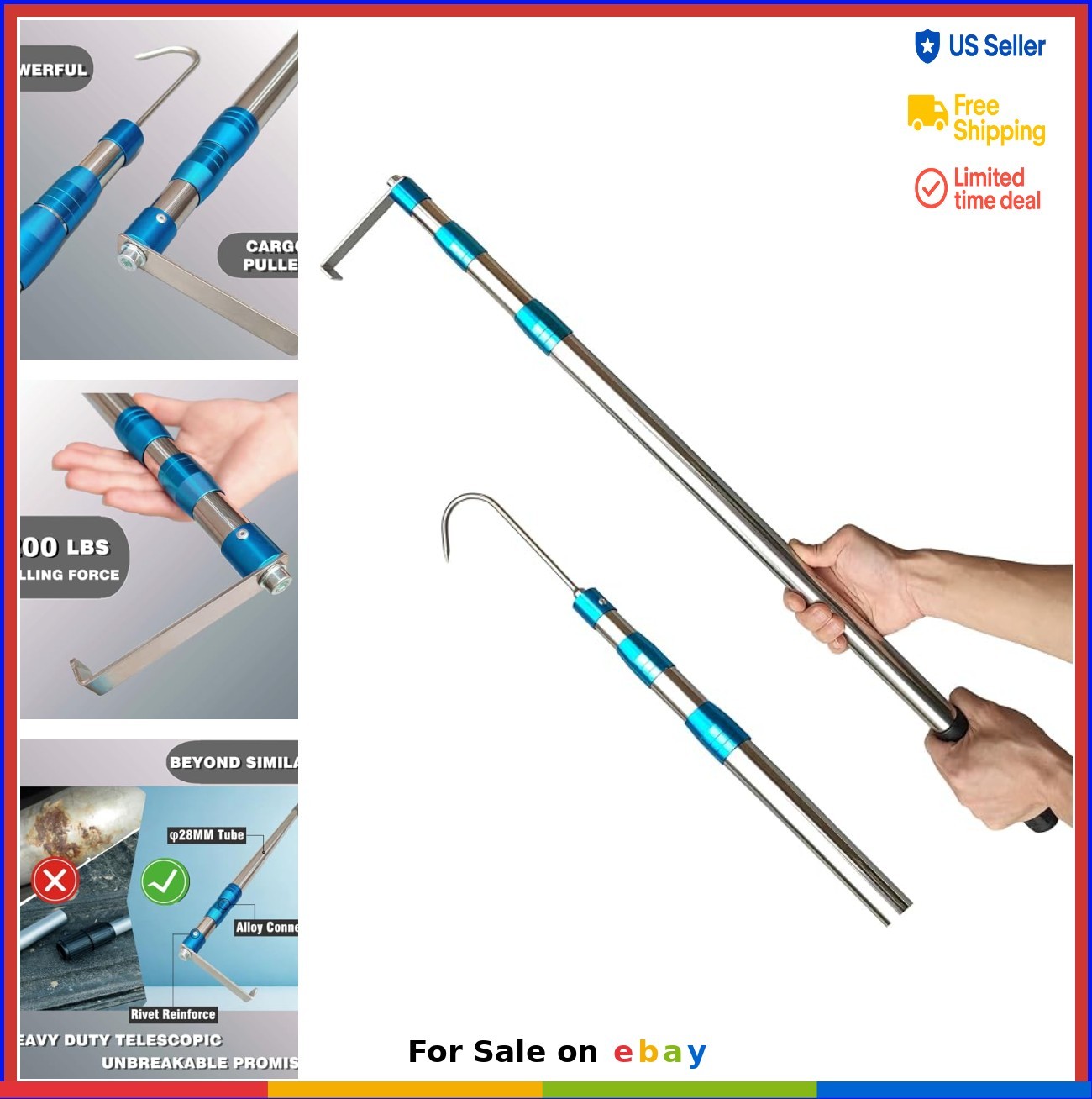 Telescoping Cargo Grabber Retriever Tool 6.3 Ft Heavy Duty Stainless Steel Pole