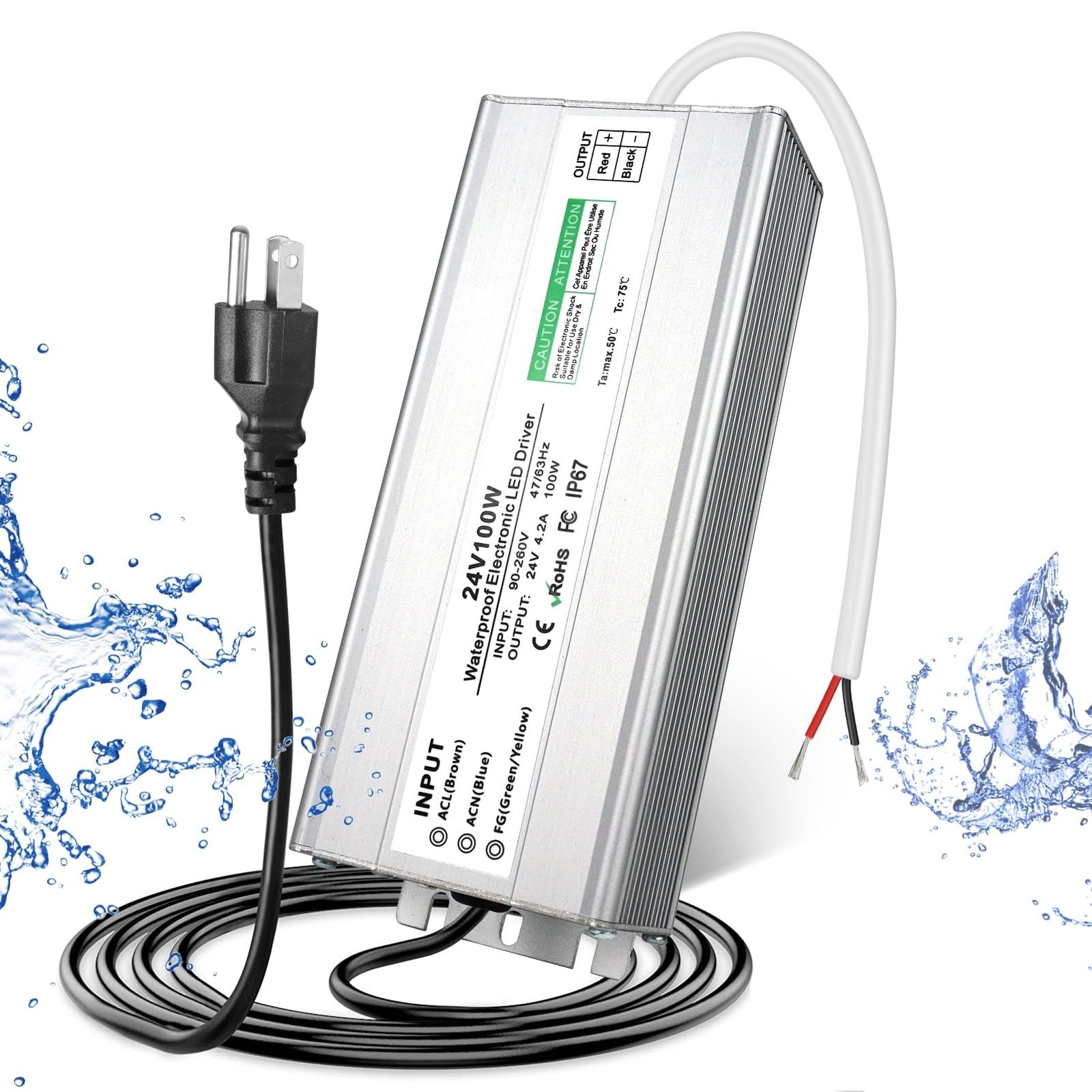 24V 100W LED Power Supply, Waterproof IP67 LED Driver, AC 110V to DC 24 Volt ...