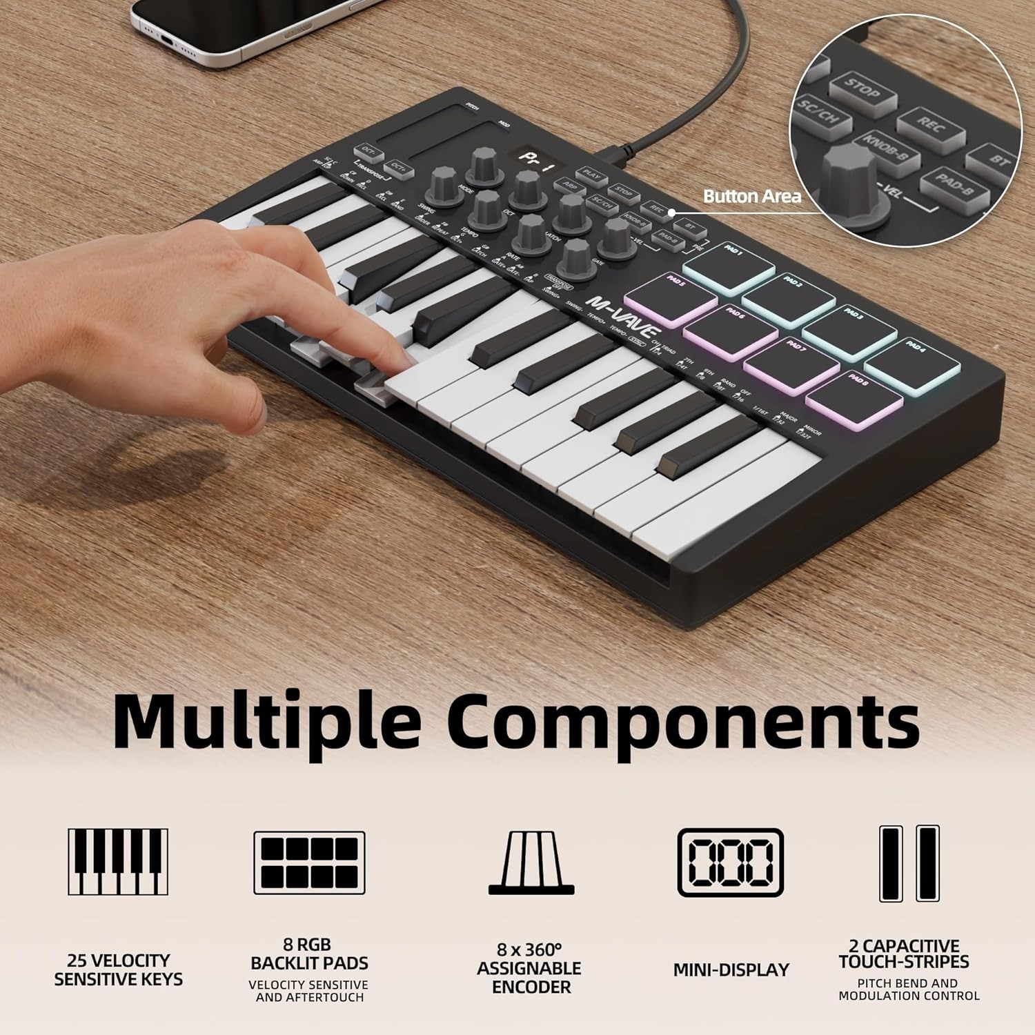DaierTek Midi Keyboard Controller 25 Key Portable Mini Bluetooth and USB Midi