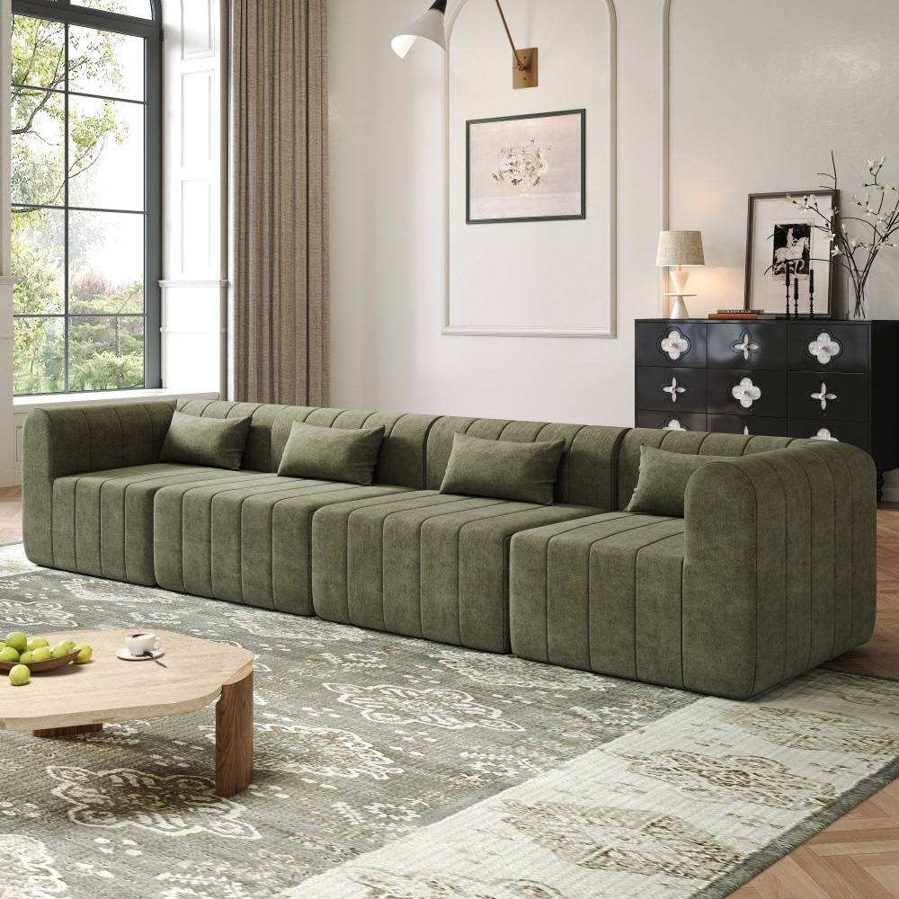 145.5" Modular Sectional Sofa w/4 Pieces, Green Polyester Fabric