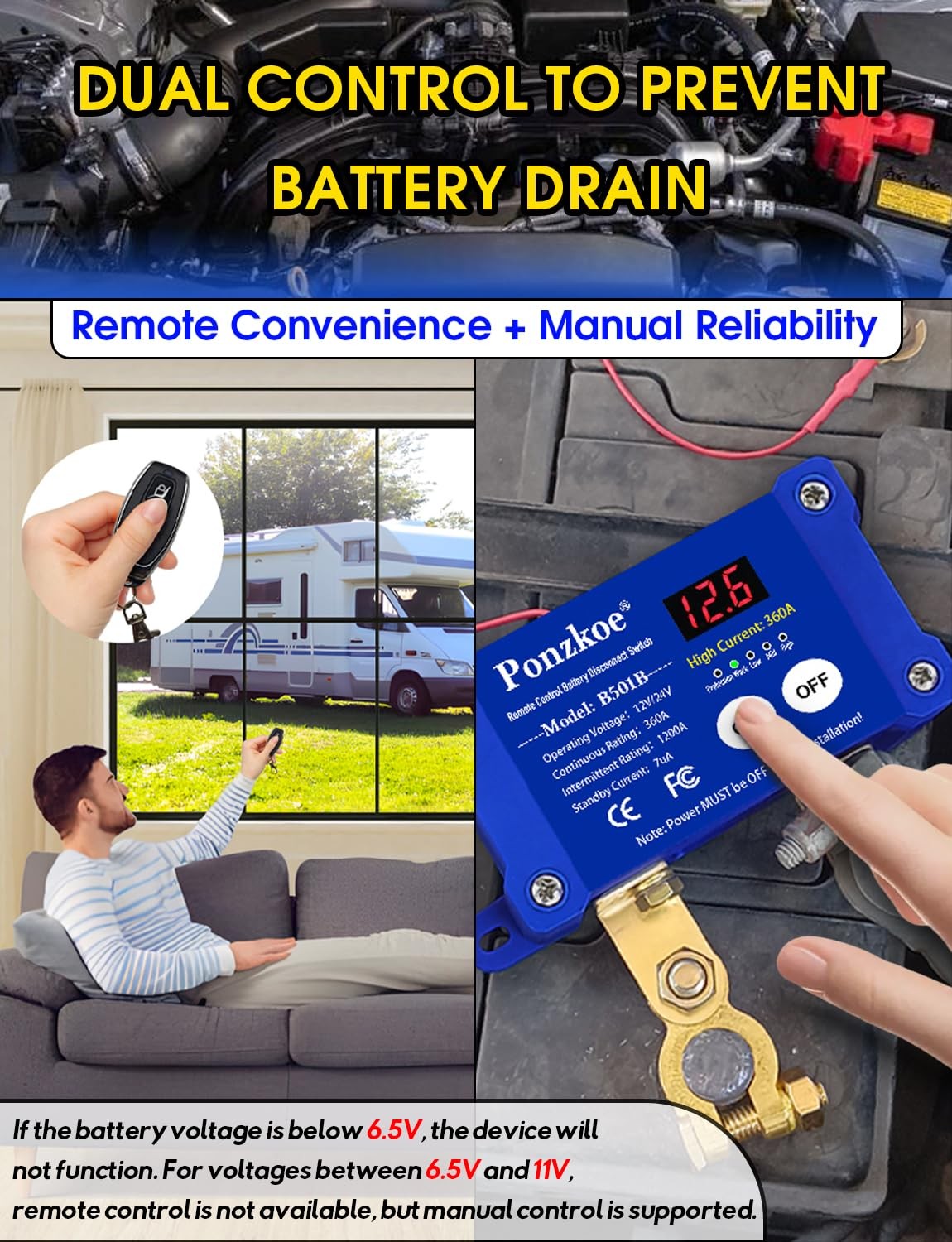 360A Remote Car Battery Disconnect Switch with LED Voltage Display - 12V Blue