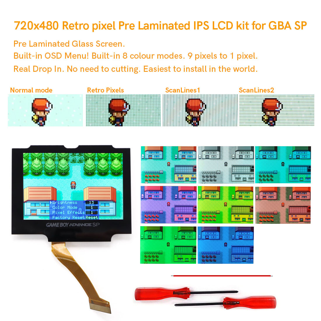 V5 Drop In 720x480 Pre-Laminated Retro Pixel IPS LCD Screen + Shell For GBA SP