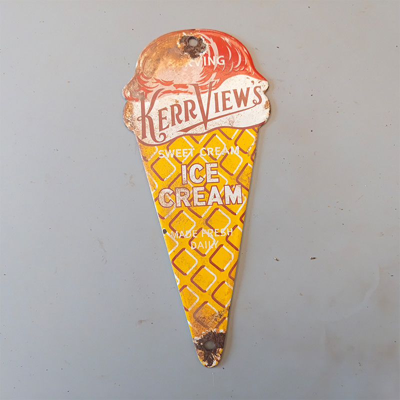 VINTAGE KERRVIEW'S ICE CREAM CONE PORCELAIN ENAMEL FOOD AD SIGN 8 inches high