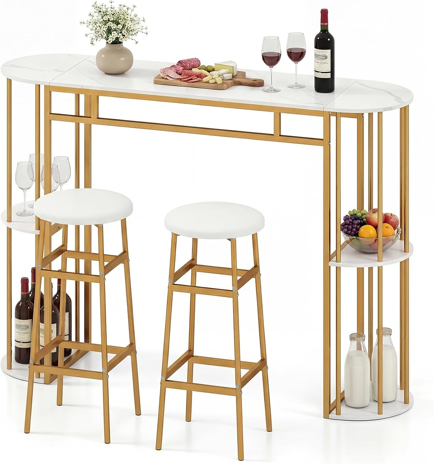 Bar Table Set for 2 with Storage Shelves, 60" Dining Table & 2 Upholstered
