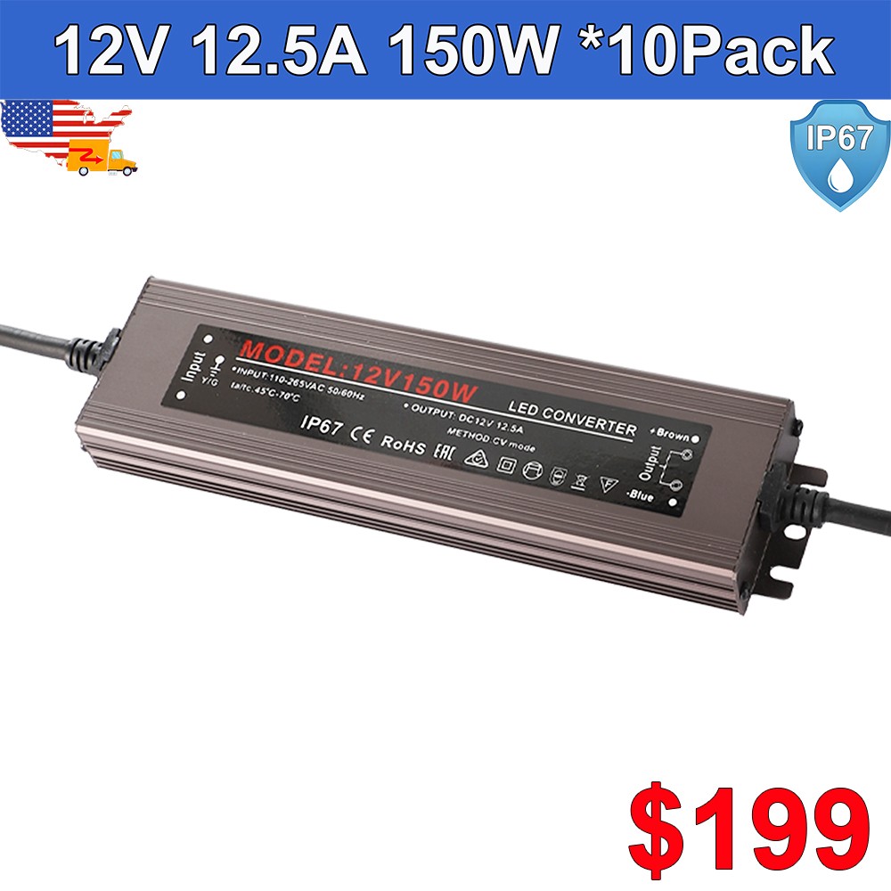 10 Pack 12V 12.5A CCTV Power Supply 150W AC110V to DC12V Waterproof IP67 Outdoor