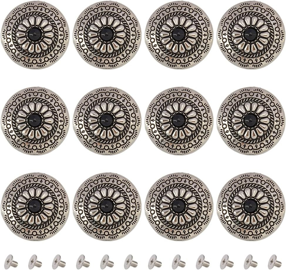 1 Box 12PCS Screw Back Buttons - 30Mm round Shape Conchos Black Artificial Turqu
